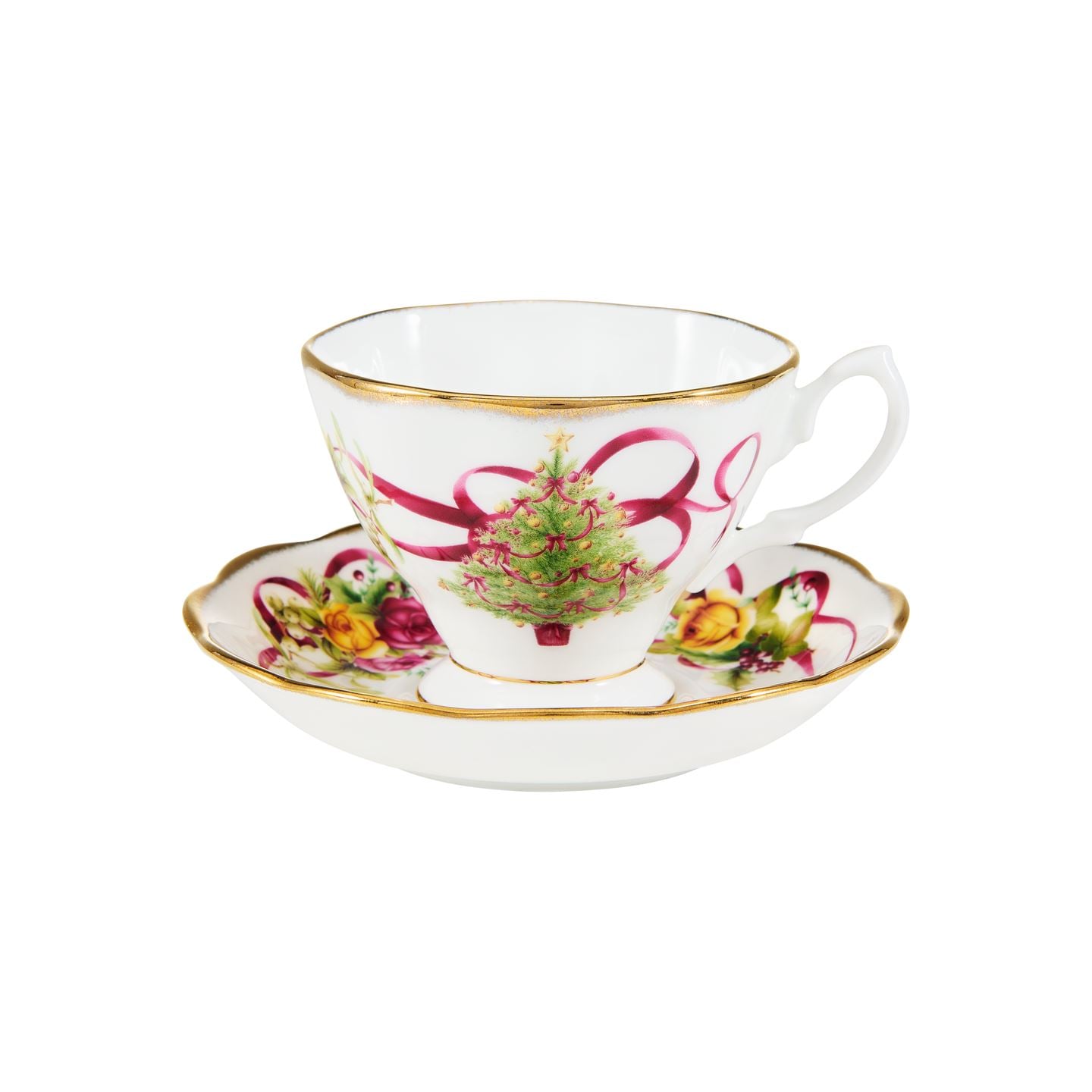 Royal Albert Yellow/Pink/Red Old Country Roses Christmas Tree Teacup & Saucer